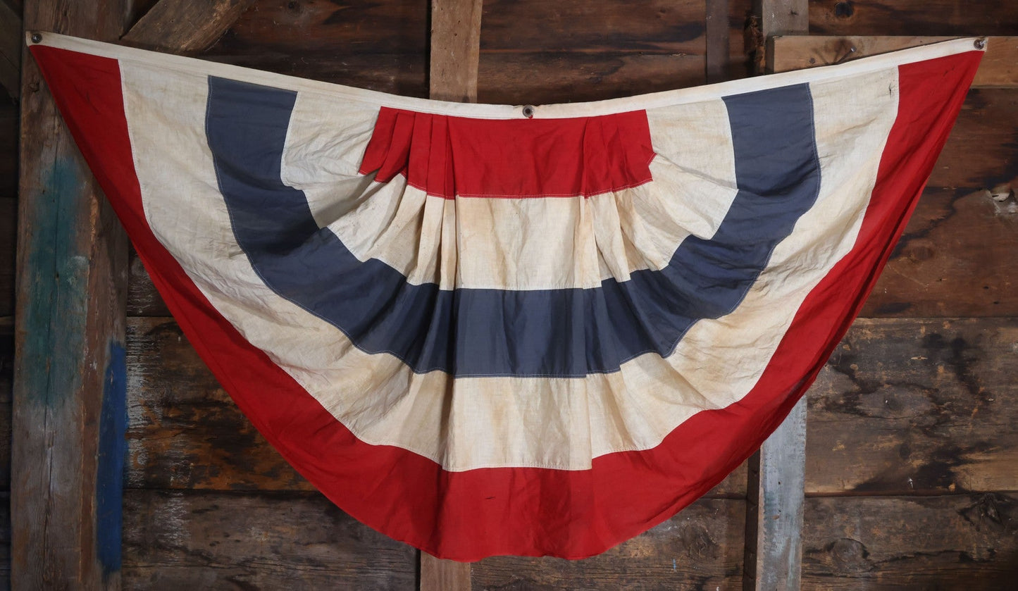 Lot 007 - Vintage Red White And Blue Patriotic Bunting, Note Holes, Fading, And Staining, 76" W x 34" H
