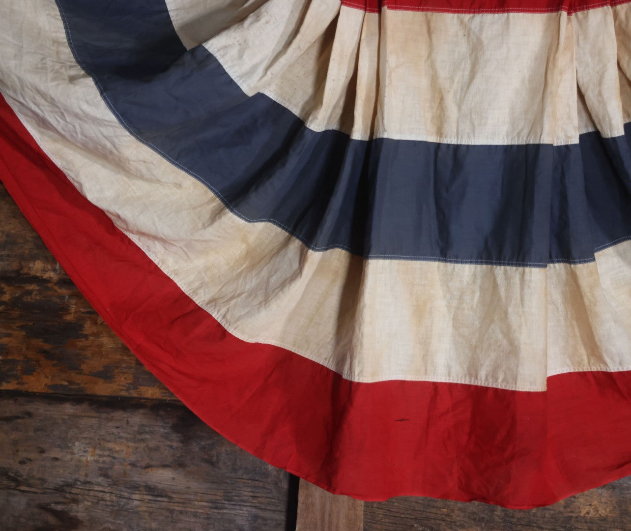 Lot 007 - Vintage Red White And Blue Patriotic Bunting, Note Holes, Fading, And Staining, 76" W x 34" H