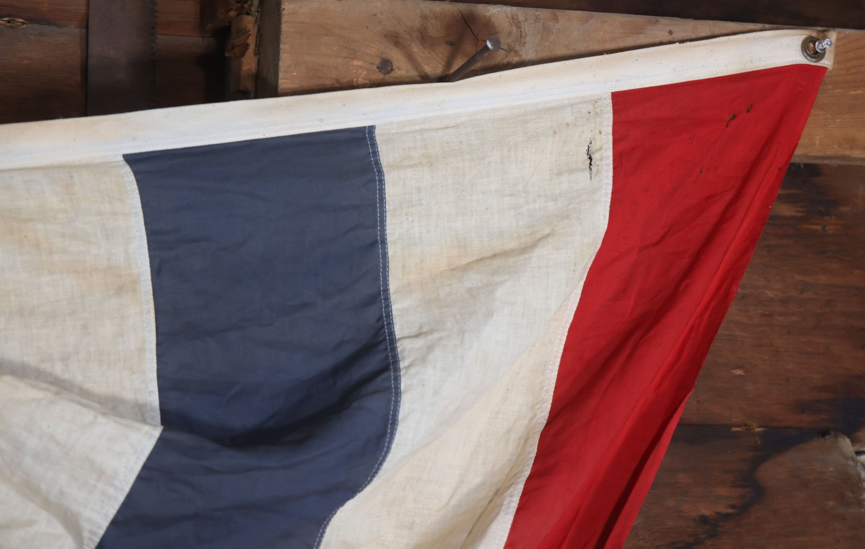 Lot 007 - Vintage Red White And Blue Patriotic Bunting, Note Holes, Fading, And Staining, 76" W x 34" H