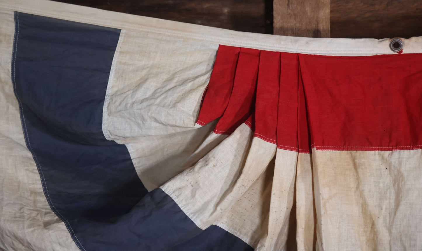 Lot 007 - Vintage Red White And Blue Patriotic Bunting, Note Holes, Fading, And Staining, 76" W x 34" H