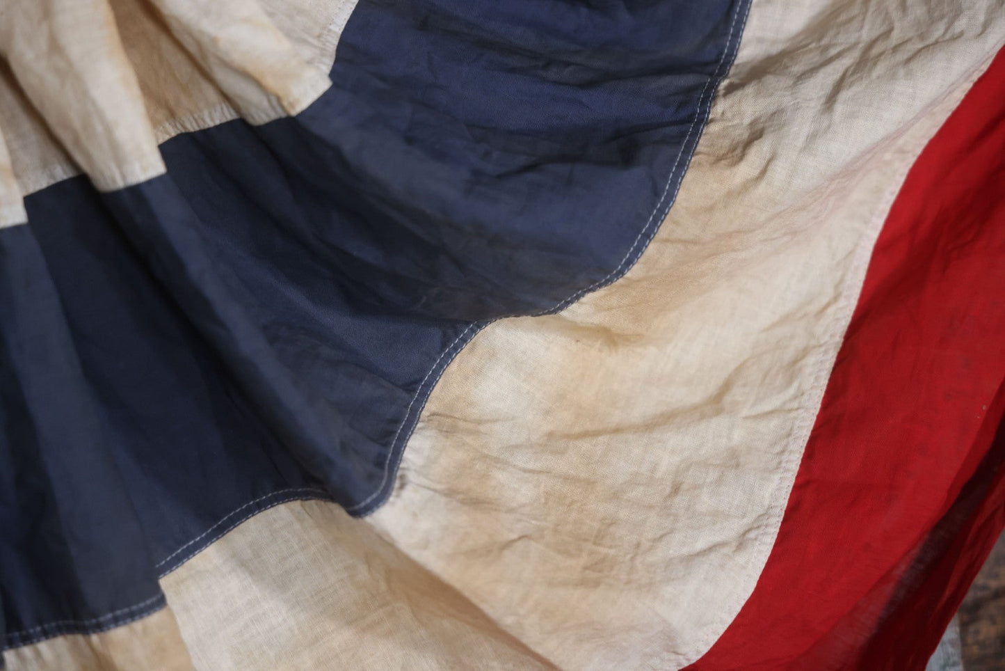 Lot 007 - Vintage Red White And Blue Patriotic Bunting, Note Holes, Fading, And Staining, 76" W x 34" H
