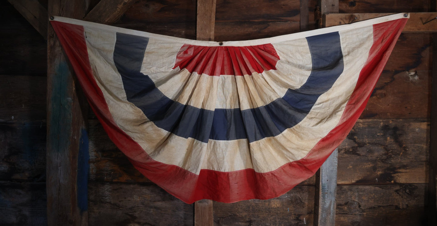 Lot 007 - Vintage Red White And Blue Patriotic Bunting, Note Holes, Fading, And Staining, 76" W x 34" H