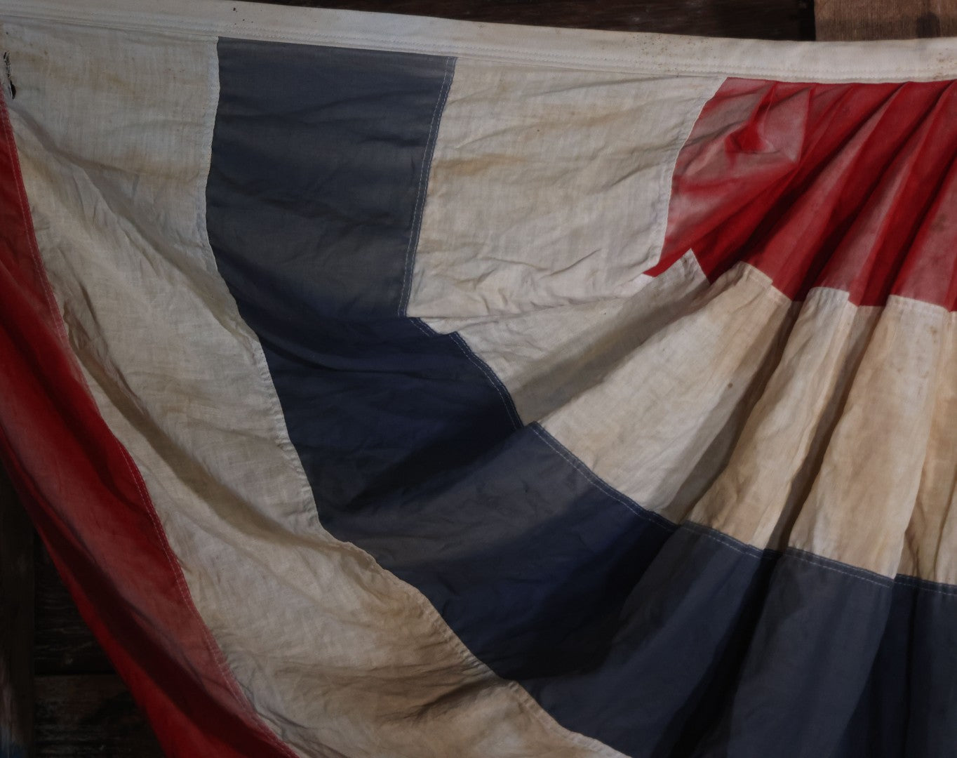 Lot 007 - Vintage Red White And Blue Patriotic Bunting, Note Holes, Fading, And Staining, 76" W x 34" H