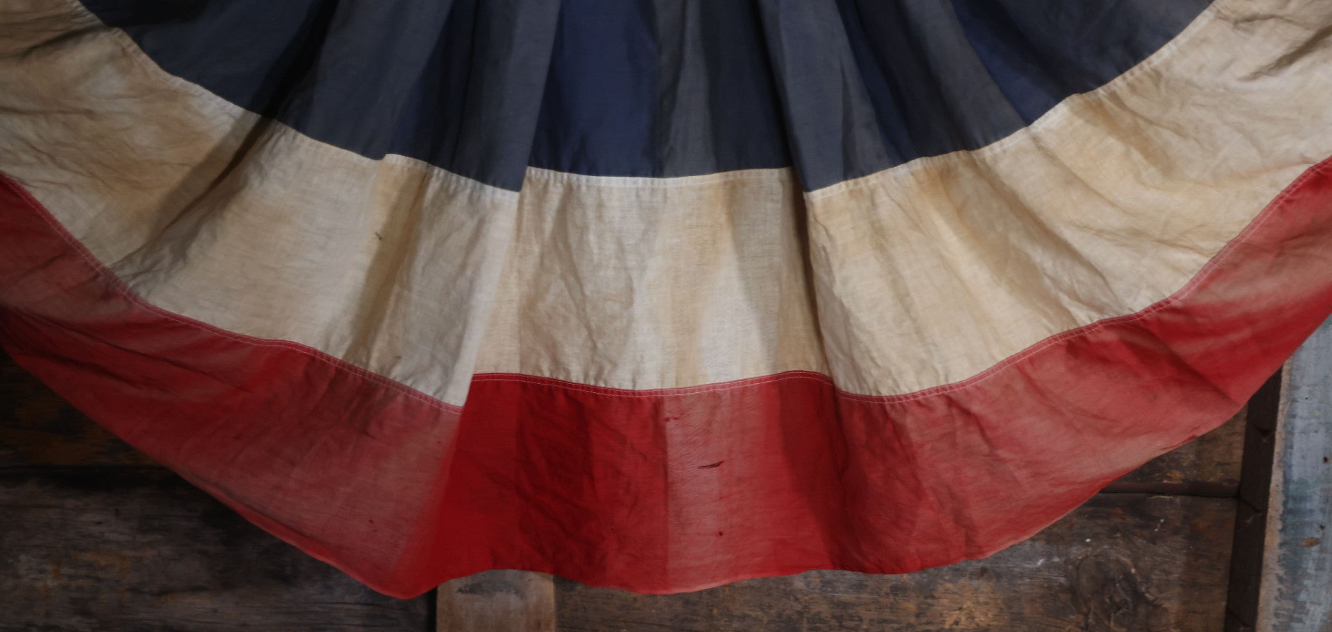 Lot 007 - Vintage Red White And Blue Patriotic Bunting, Note Holes, Fading, And Staining, 76" W x 34" H