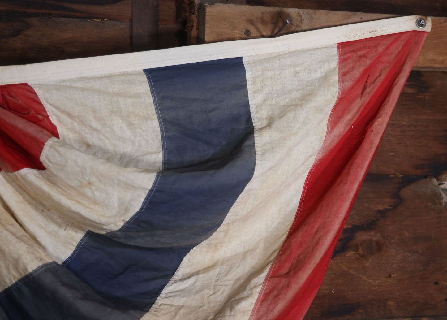 Lot 007 - Vintage Red White And Blue Patriotic Bunting, Note Holes, Fading, And Staining, 76" W x 34" H
