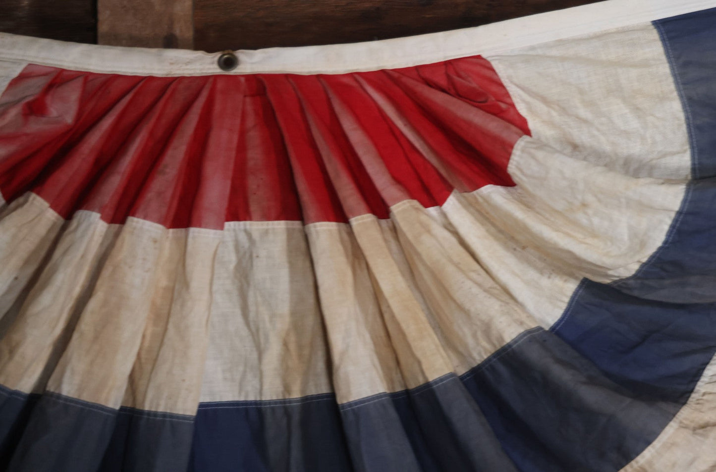 Lot 007 - Vintage Red White And Blue Patriotic Bunting, Note Holes, Fading, And Staining, 76" W x 34" H
