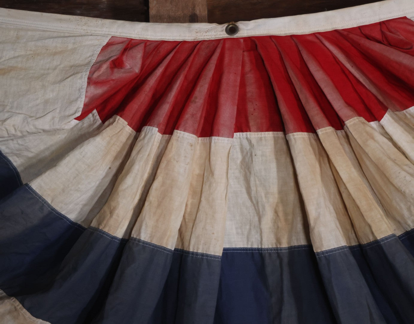 Lot 007 - Vintage Red White And Blue Patriotic Bunting, Note Holes, Fading, And Staining, 76" W x 34" H