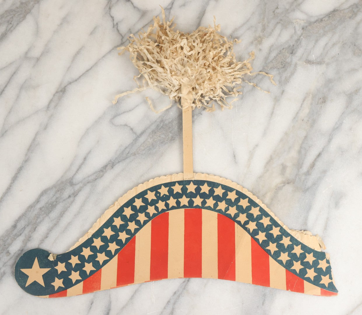 Lot 009 - Vintage American Flag Themed Red White And Blue Independence Day Party Hat With Honeycomb Paper And Pom Pom, Note, Creases, Tears, And Losses