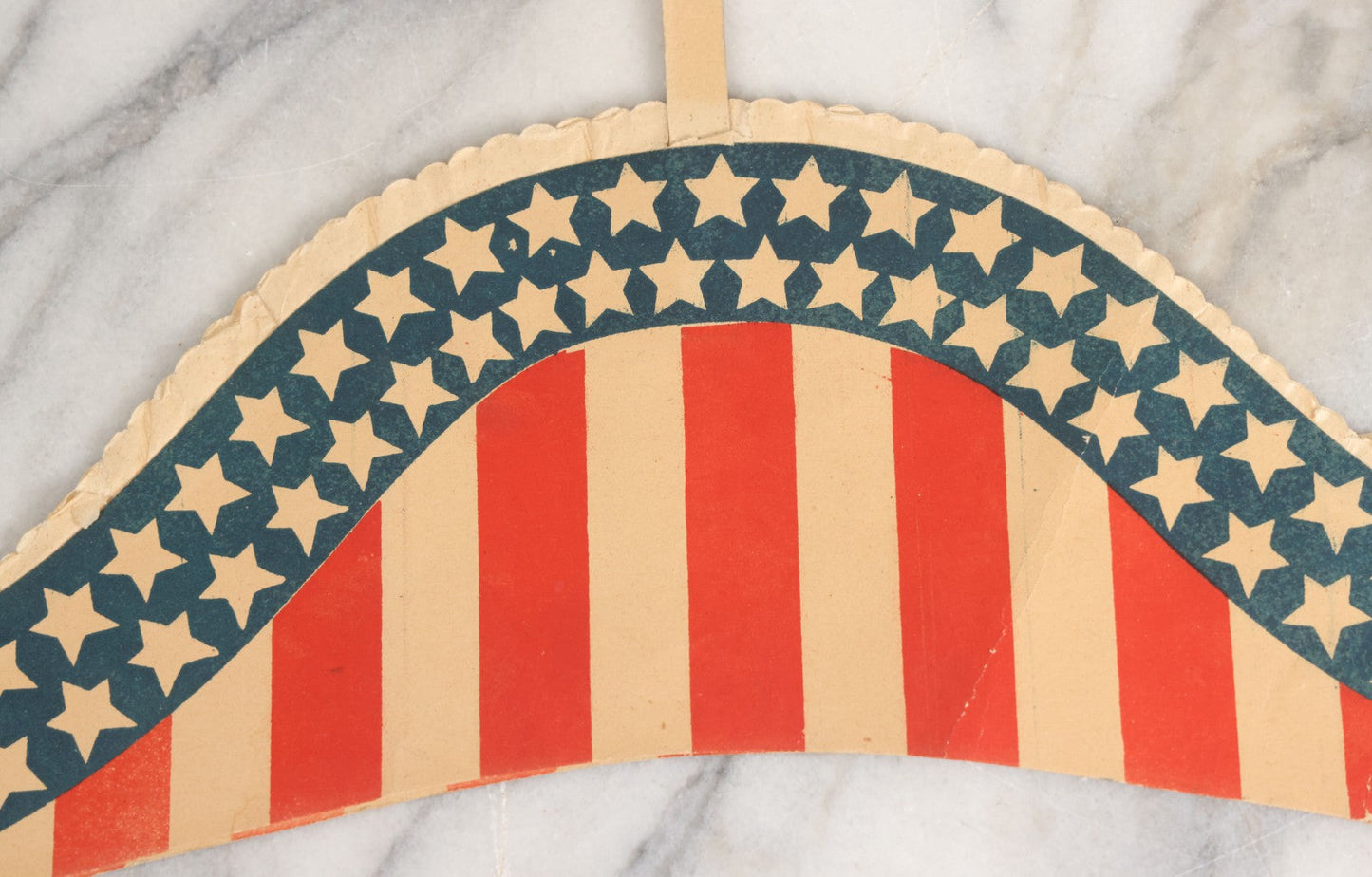 Lot 009 - Vintage American Flag Themed Red White And Blue Independence Day Party Hat With Honeycomb Paper And Pom Pom, Note, Creases, Tears, And Losses