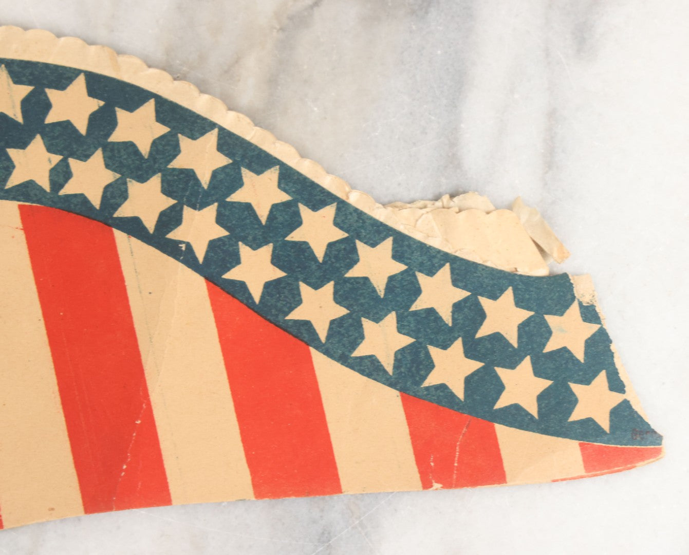 Lot 009 - Vintage American Flag Themed Red White And Blue Independence Day Party Hat With Honeycomb Paper And Pom Pom, Note, Creases, Tears, And Losses