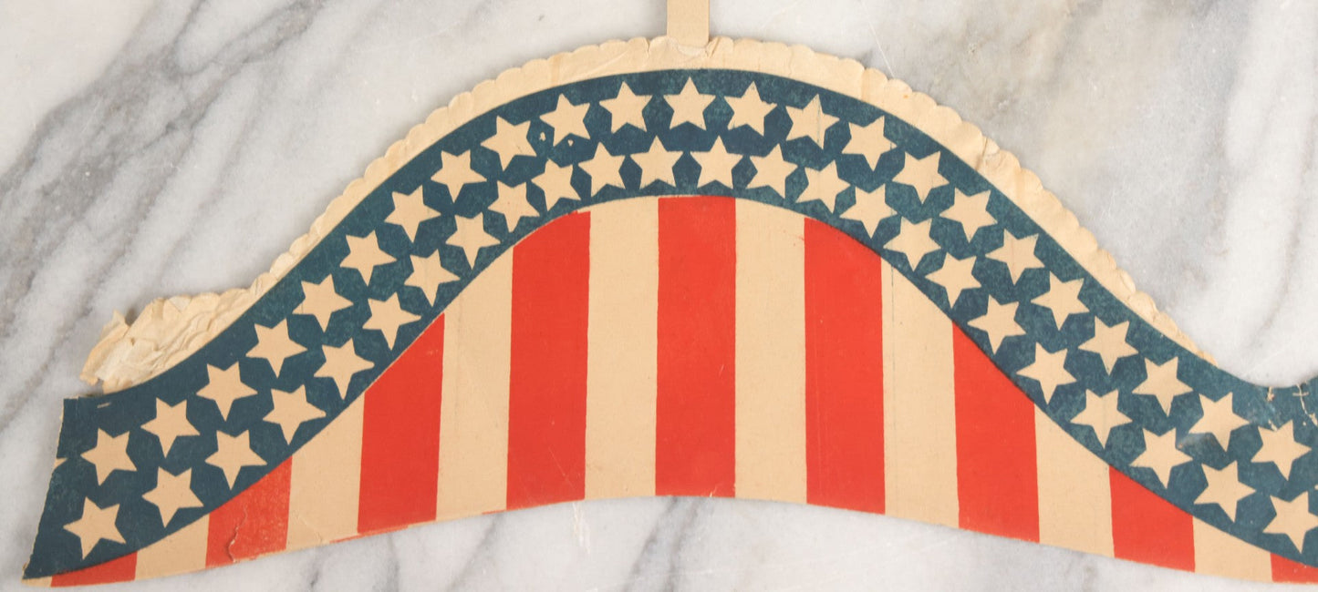 Lot 009 - Vintage American Flag Themed Red White And Blue Independence Day Party Hat With Honeycomb Paper And Pom Pom, Note, Creases, Tears, And Losses