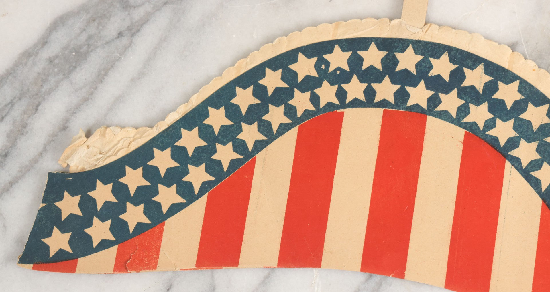 Lot 009 - Vintage American Flag Themed Red White And Blue Independence Day Party Hat With Honeycomb Paper And Pom Pom, Note, Creases, Tears, And Losses