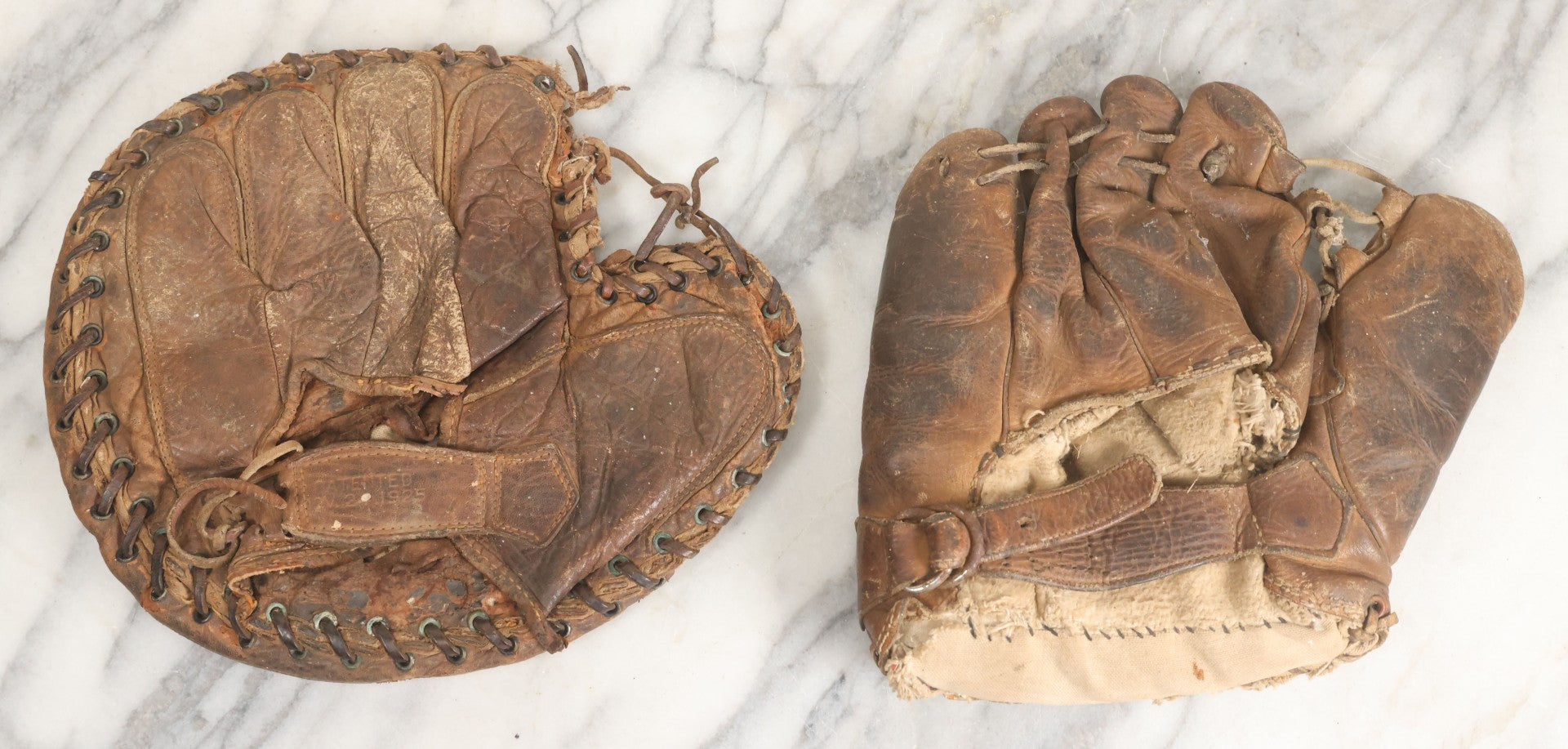 Lot 011 - Pair Of Antique Leather Baseball Gloves Including Glove Patented November 1925