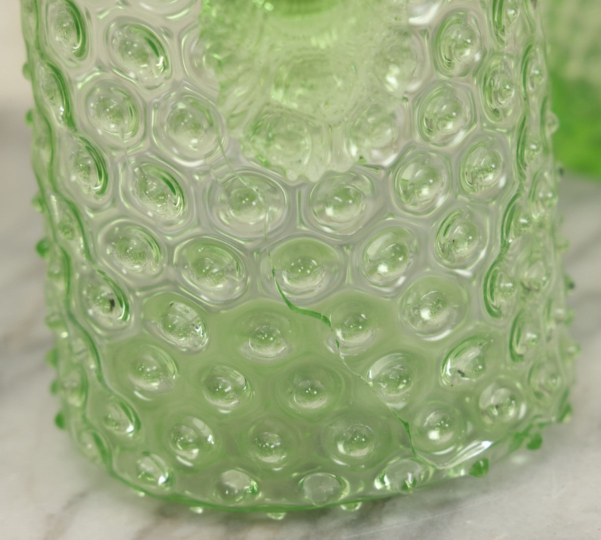 Lot 014 - Vintage Six Piece Hobnail Uranium Glass Drinking Collection With Pitcher And Four Matching Cups Plus Additional Cup, U.V. Blacklight Reactive Glass, Note Chips And Cracks