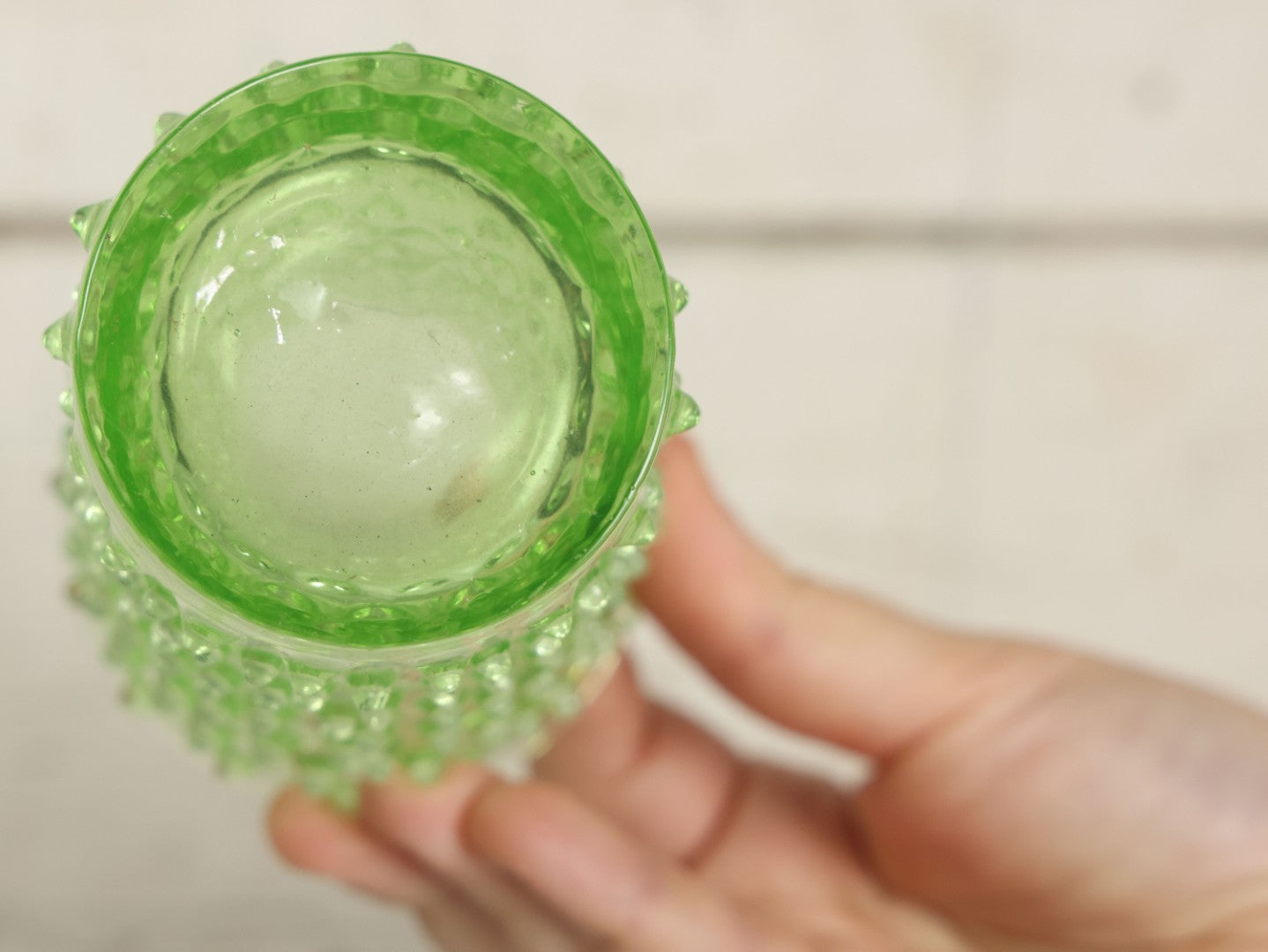 Lot 014 - Vintage Six Piece Hobnail Uranium Glass Drinking Collection With Pitcher And Four Matching Cups Plus Additional Cup, U.V. Blacklight Reactive Glass, Note Chips And Cracks