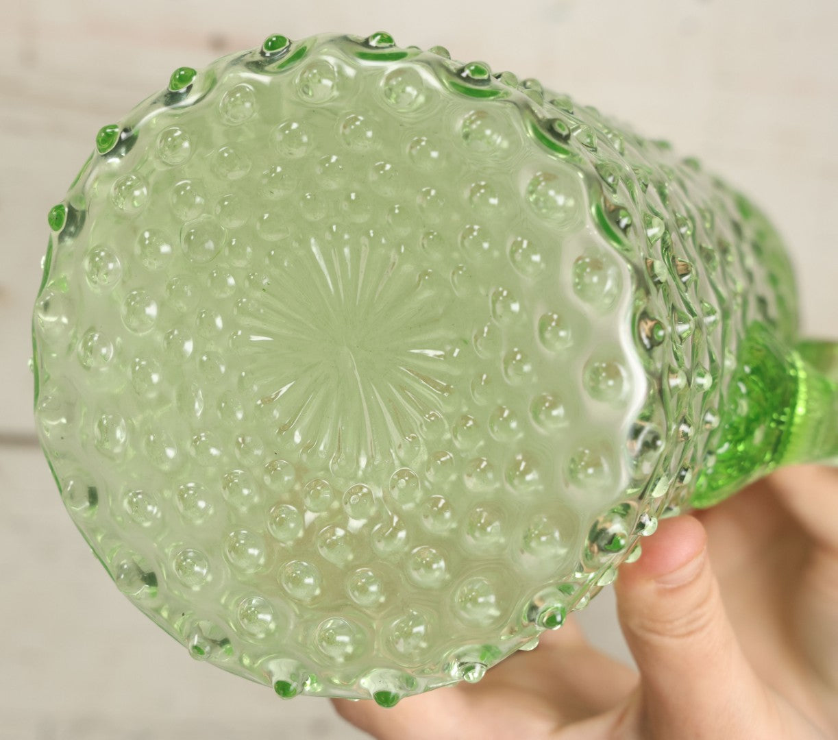 Lot 014 - Vintage Six Piece Hobnail Uranium Glass Drinking Collection With Pitcher And Four Matching Cups Plus Additional Cup, U.V. Blacklight Reactive Glass, Note Chips And Cracks