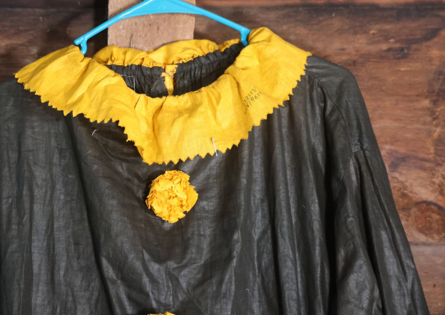 Lot 018 - Antique Handmade Clown Costume With Black And Yellow Fabric, Once Belonged To Virginia Asseln, Note Holes And Wear