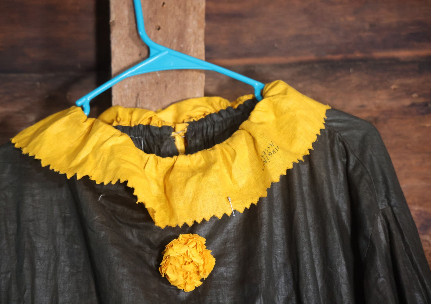 Lot 018 - Antique Handmade Clown Costume With Black And Yellow Fabric, Once Belonged To Virginia Asseln, Note Holes And Wear