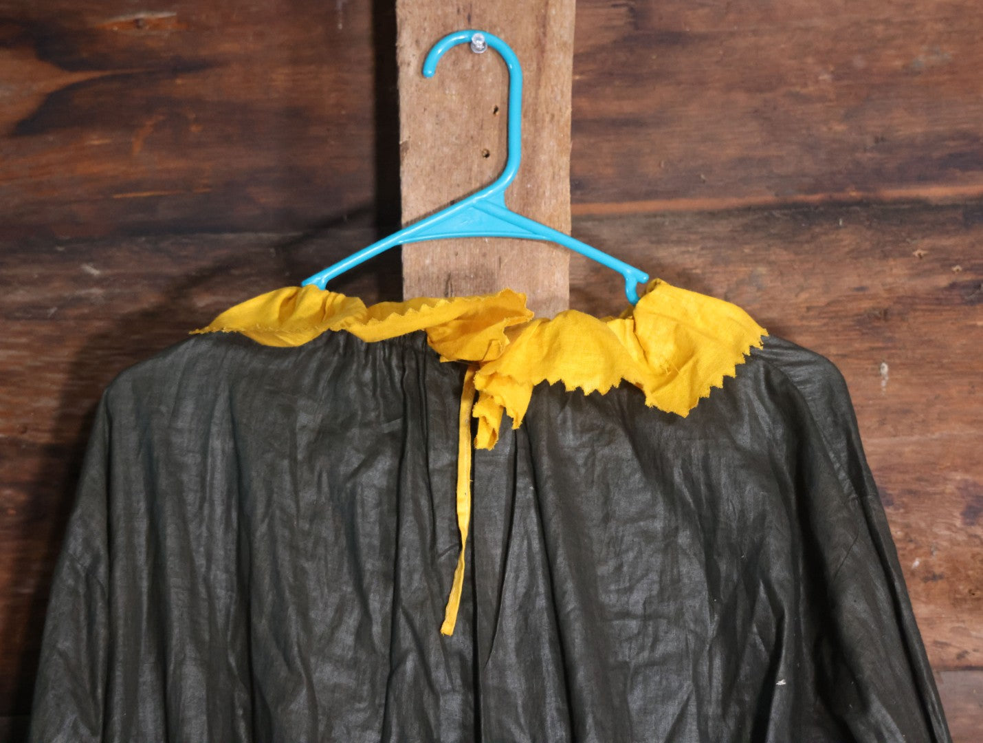 Lot 018 - Antique Handmade Clown Costume With Black And Yellow Fabric, Once Belonged To Virginia Asseln, Note Holes And Wear