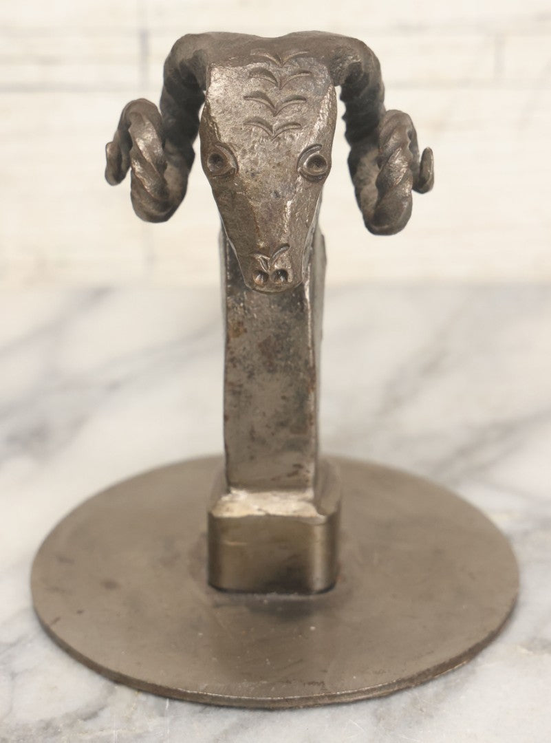 Lot 019 - Vintage Folk Art Forged Solid Metal Rams Head Figurine, 5" Height