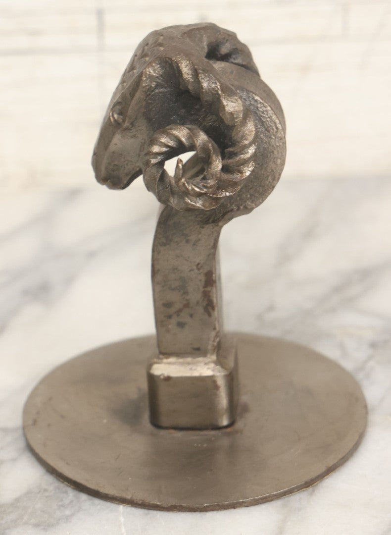 Lot 019 - Vintage Folk Art Forged Solid Metal Rams Head Figurine, 5" Height