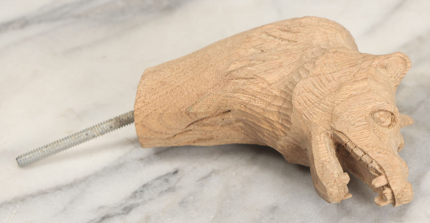 Lot 020 - Vintage Hand Carved Wood Folk Art Snarling Wolf Head Cane Topper With Threaded Rod, 6-3/4" Height