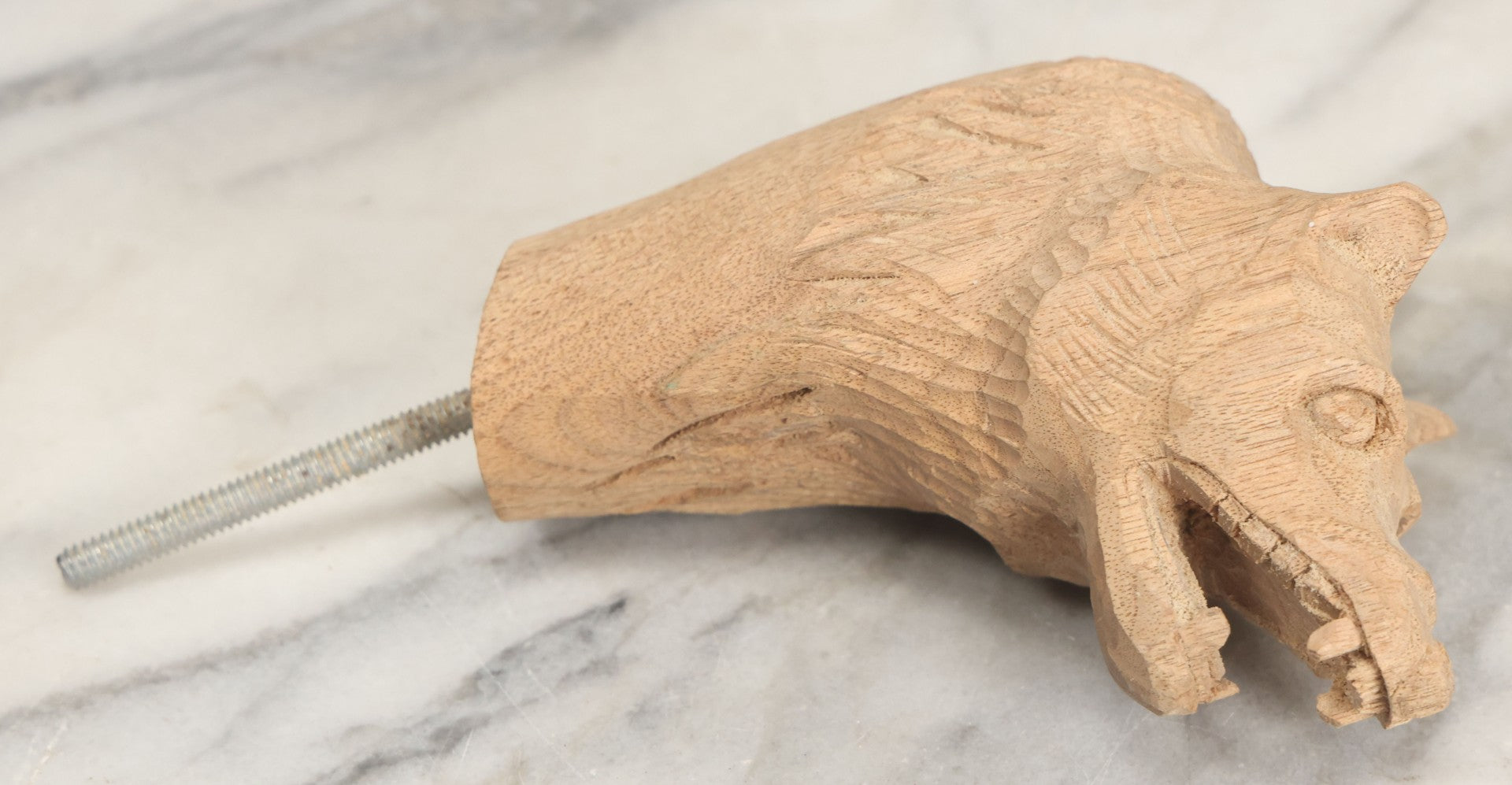 Lot 020 - Vintage Hand Carved Wood Folk Art Snarling Wolf Head Cane Topper With Threaded Rod, 6-3/4" Height