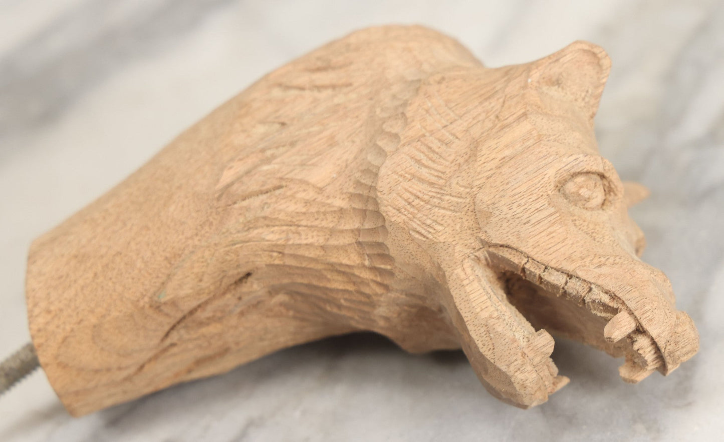 Lot 020 - Vintage Hand Carved Wood Folk Art Snarling Wolf Head Cane Topper With Threaded Rod, 6-3/4" Height