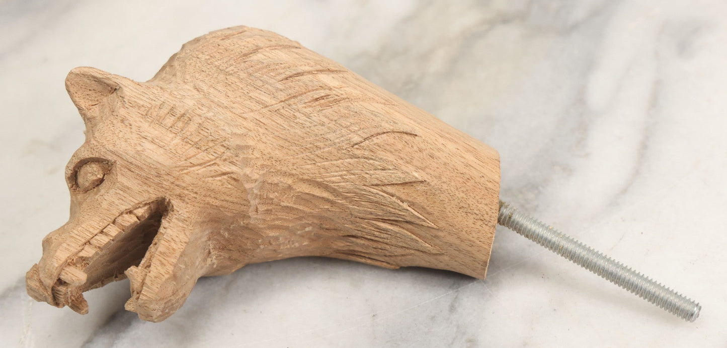 Lot 020 - Vintage Hand Carved Wood Folk Art Snarling Wolf Head Cane Topper With Threaded Rod, 6-3/4" Height
