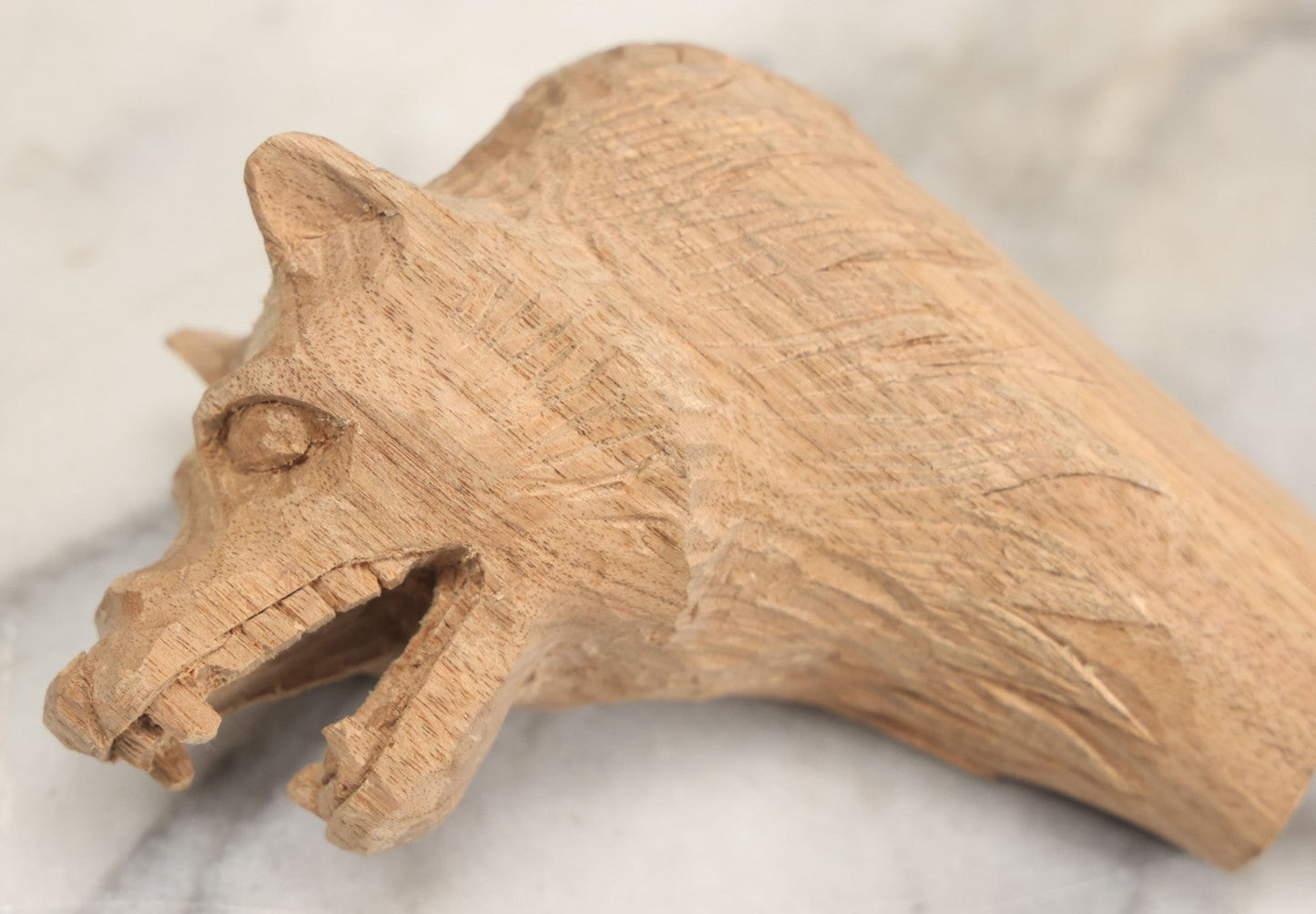 Lot 020 - Vintage Hand Carved Wood Folk Art Snarling Wolf Head Cane Topper With Threaded Rod, 6-3/4" Height