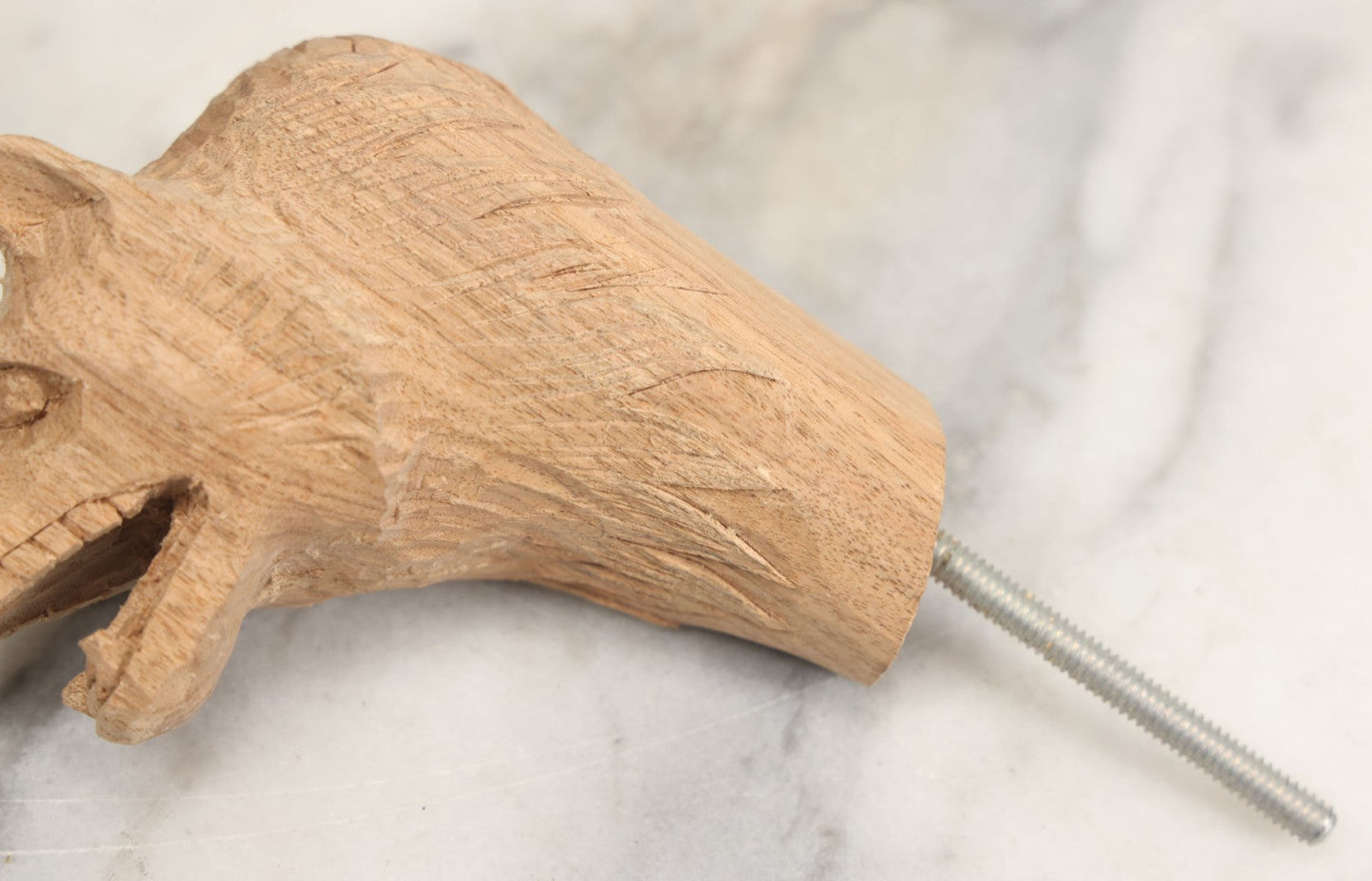 Lot 020 - Vintage Hand Carved Wood Folk Art Snarling Wolf Head Cane Topper With Threaded Rod, 6-3/4" Height