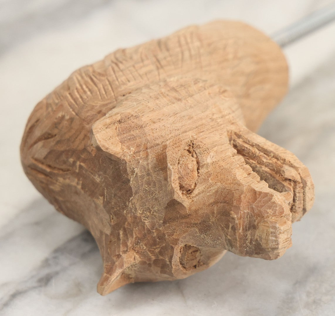 Lot 020 - Vintage Hand Carved Wood Folk Art Snarling Wolf Head Cane Topper With Threaded Rod, 6-3/4" Height