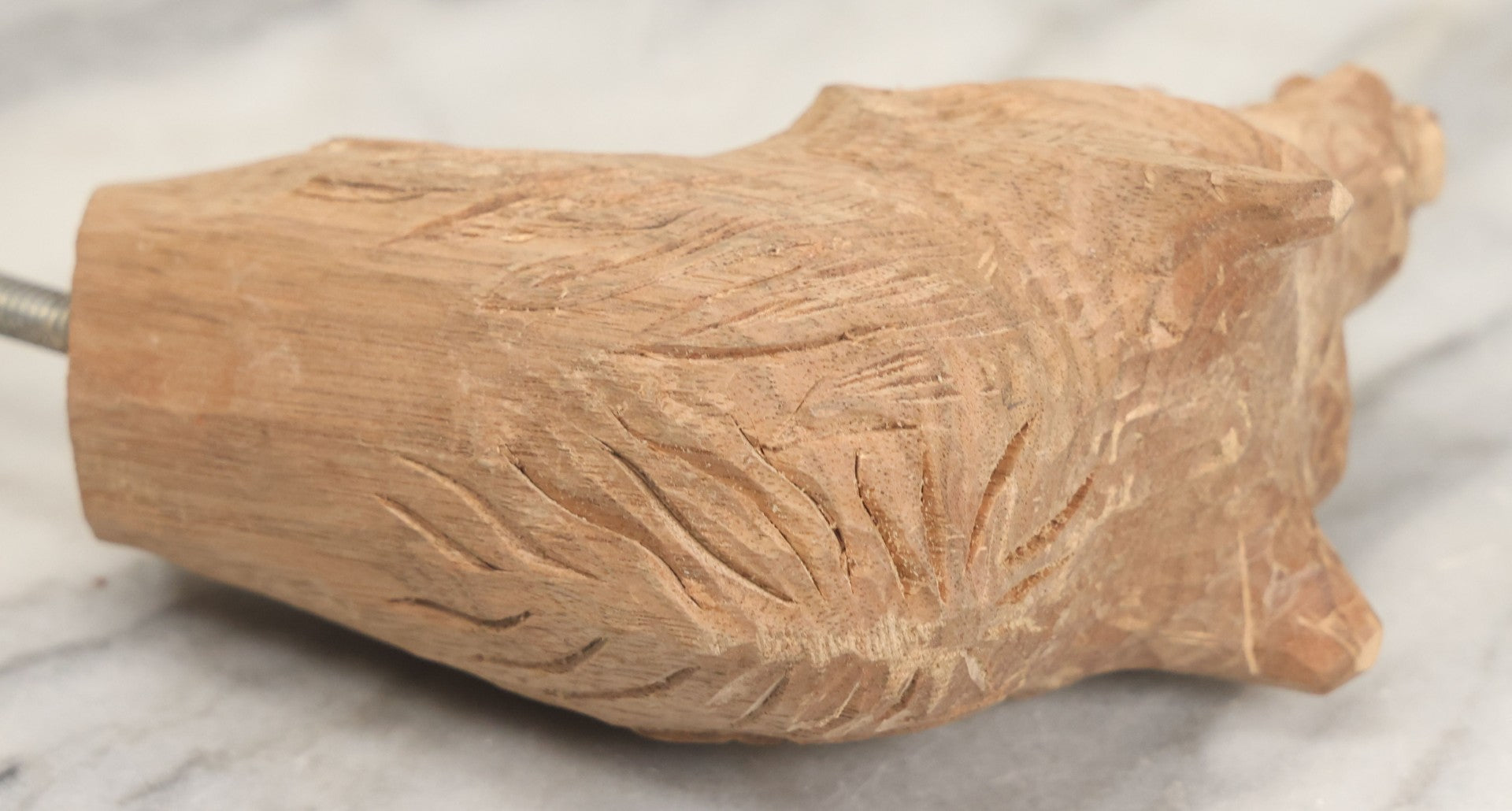 Lot 020 - Vintage Hand Carved Wood Folk Art Snarling Wolf Head Cane Topper With Threaded Rod, 6-3/4" Height