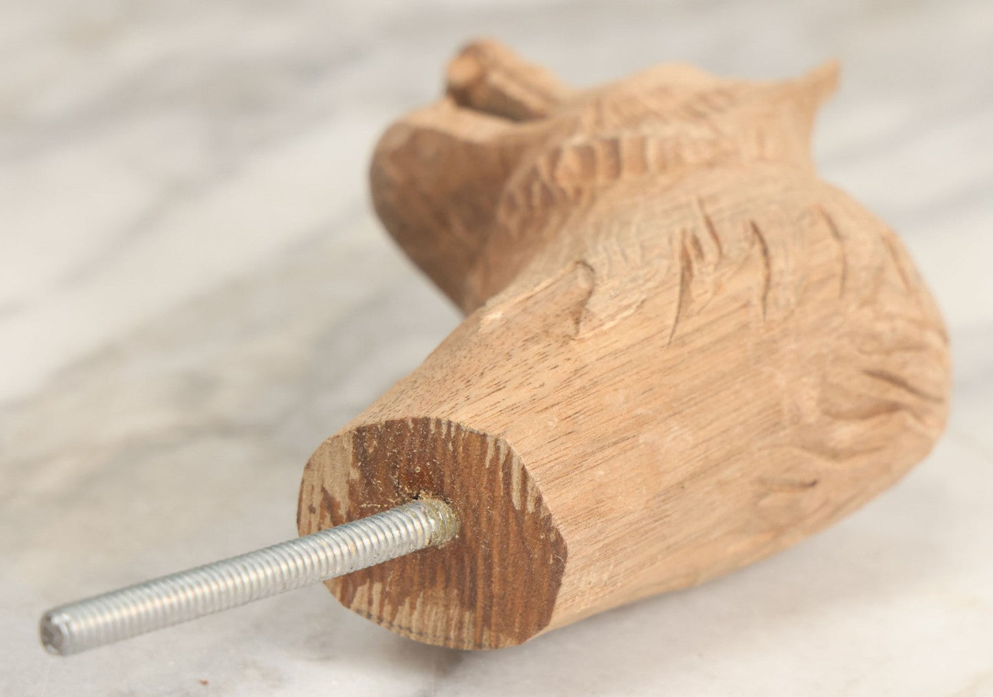 Lot 020 - Vintage Hand Carved Wood Folk Art Snarling Wolf Head Cane Topper With Threaded Rod, 6-3/4" Height