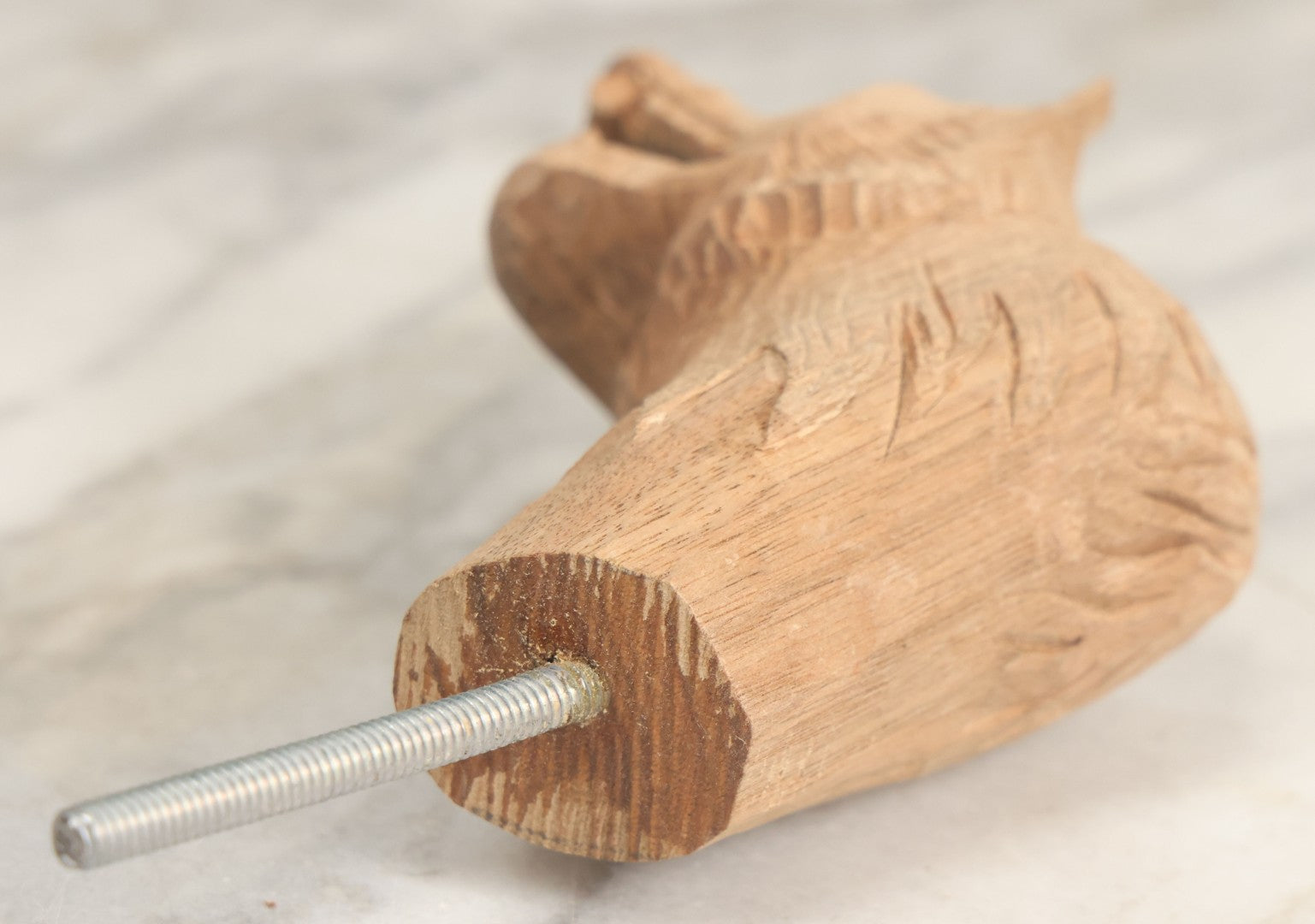 Lot 020 - Vintage Hand Carved Wood Folk Art Snarling Wolf Head Cane Topper With Threaded Rod, 6-3/4" Height