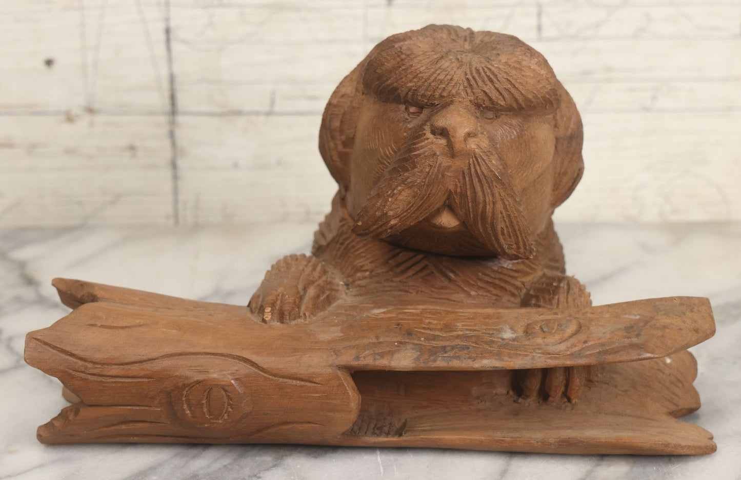 Lot 021 - Vintage Folk Art Wood Carved Shaggy Dog Desk Stand With Lift Top Head Inkwell Enclosure And Log Pen Enclosure, Artist Signed "A," 5-1/4" Height