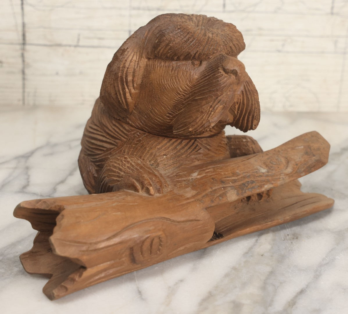 Lot 021 - Vintage Folk Art Wood Carved Shaggy Dog Desk Stand With Lift Top Head Inkwell Enclosure And Log Pen Enclosure, Artist Signed "A," 5-1/4" Height