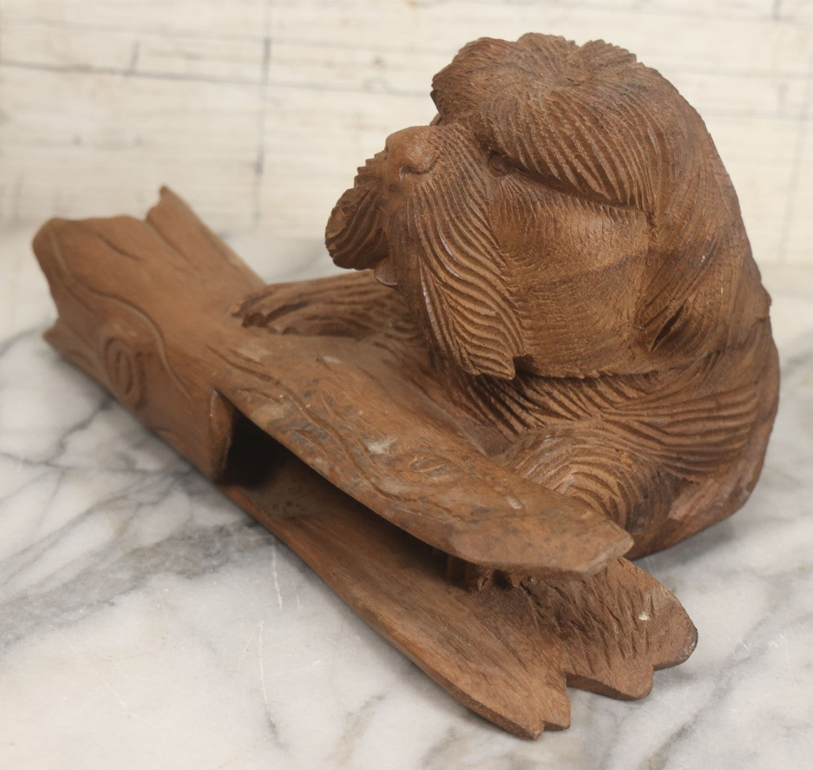 Lot 021 - Vintage Folk Art Wood Carved Shaggy Dog Desk Stand With Lift Top Head Inkwell Enclosure And Log Pen Enclosure, Artist Signed "A," 5-1/4" Height