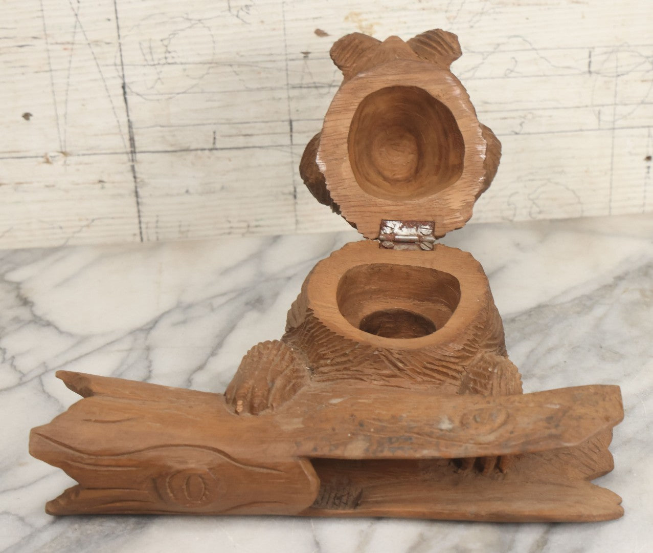 Lot 021 - Vintage Folk Art Wood Carved Shaggy Dog Desk Stand With Lift Top Head Inkwell Enclosure And Log Pen Enclosure, Artist Signed "A," 5-1/4" Height