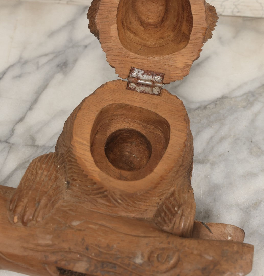 Lot 021 - Vintage Folk Art Wood Carved Shaggy Dog Desk Stand With Lift Top Head Inkwell Enclosure And Log Pen Enclosure, Artist Signed "A," 5-1/4" Height