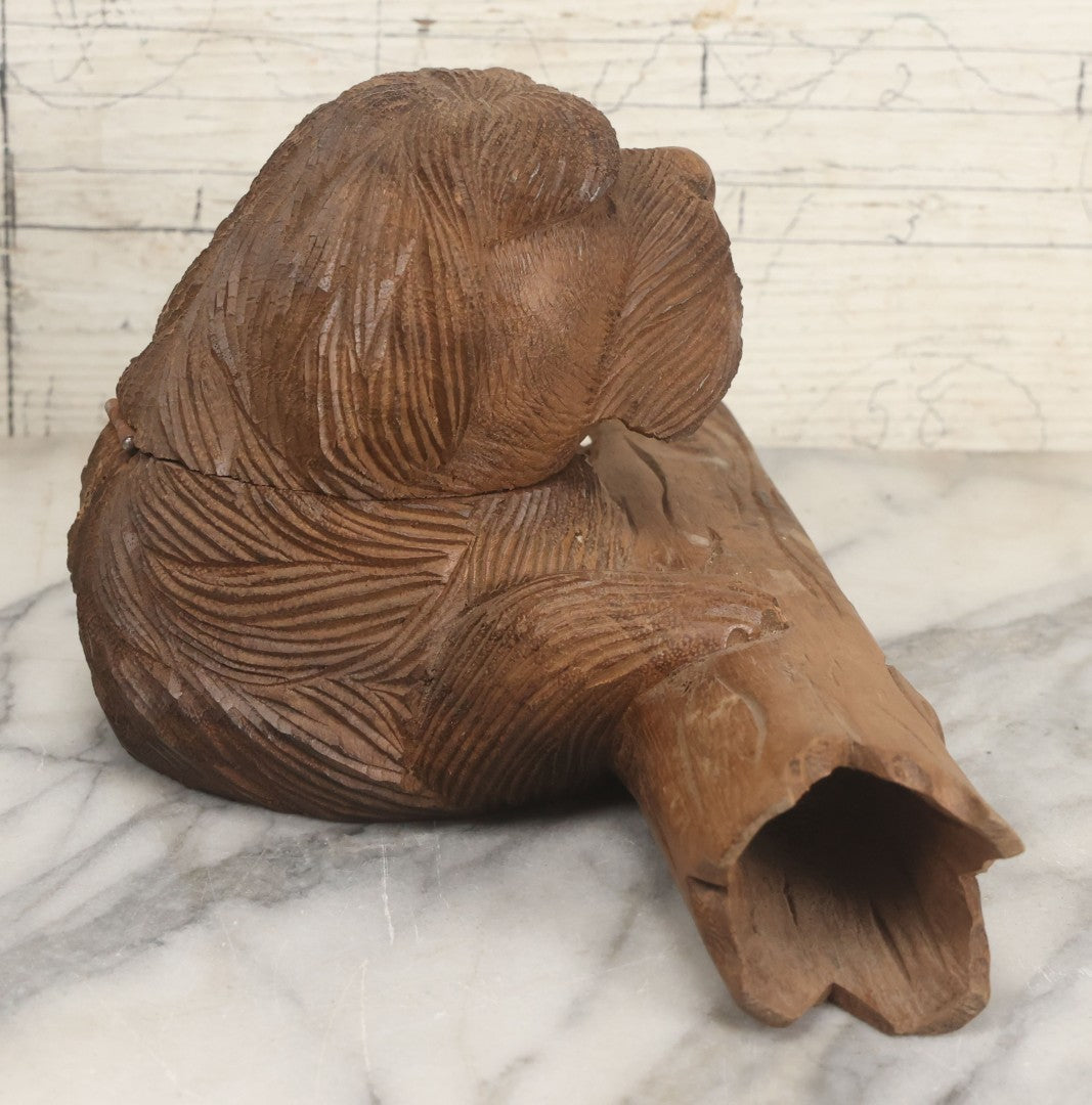 Lot 021 - Vintage Folk Art Wood Carved Shaggy Dog Desk Stand With Lift Top Head Inkwell Enclosure And Log Pen Enclosure, Artist Signed "A," 5-1/4" Height