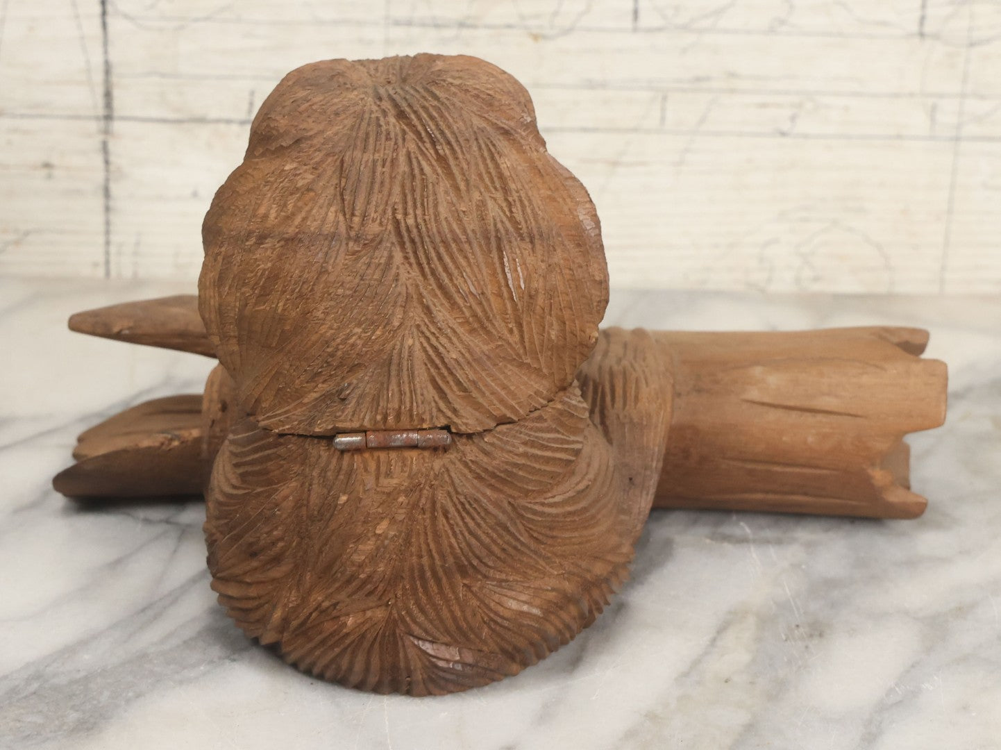 Lot 021 - Vintage Folk Art Wood Carved Shaggy Dog Desk Stand With Lift Top Head Inkwell Enclosure And Log Pen Enclosure, Artist Signed "A," 5-1/4" Height