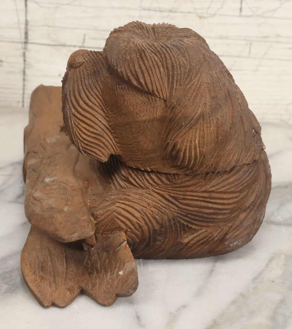 Lot 021 - Vintage Folk Art Wood Carved Shaggy Dog Desk Stand With Lift Top Head Inkwell Enclosure And Log Pen Enclosure, Artist Signed "A," 5-1/4" Height