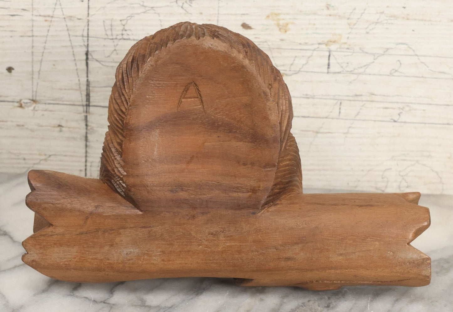 Lot 021 - Vintage Folk Art Wood Carved Shaggy Dog Desk Stand With Lift Top Head Inkwell Enclosure And Log Pen Enclosure, Artist Signed "A," 5-1/4" Height