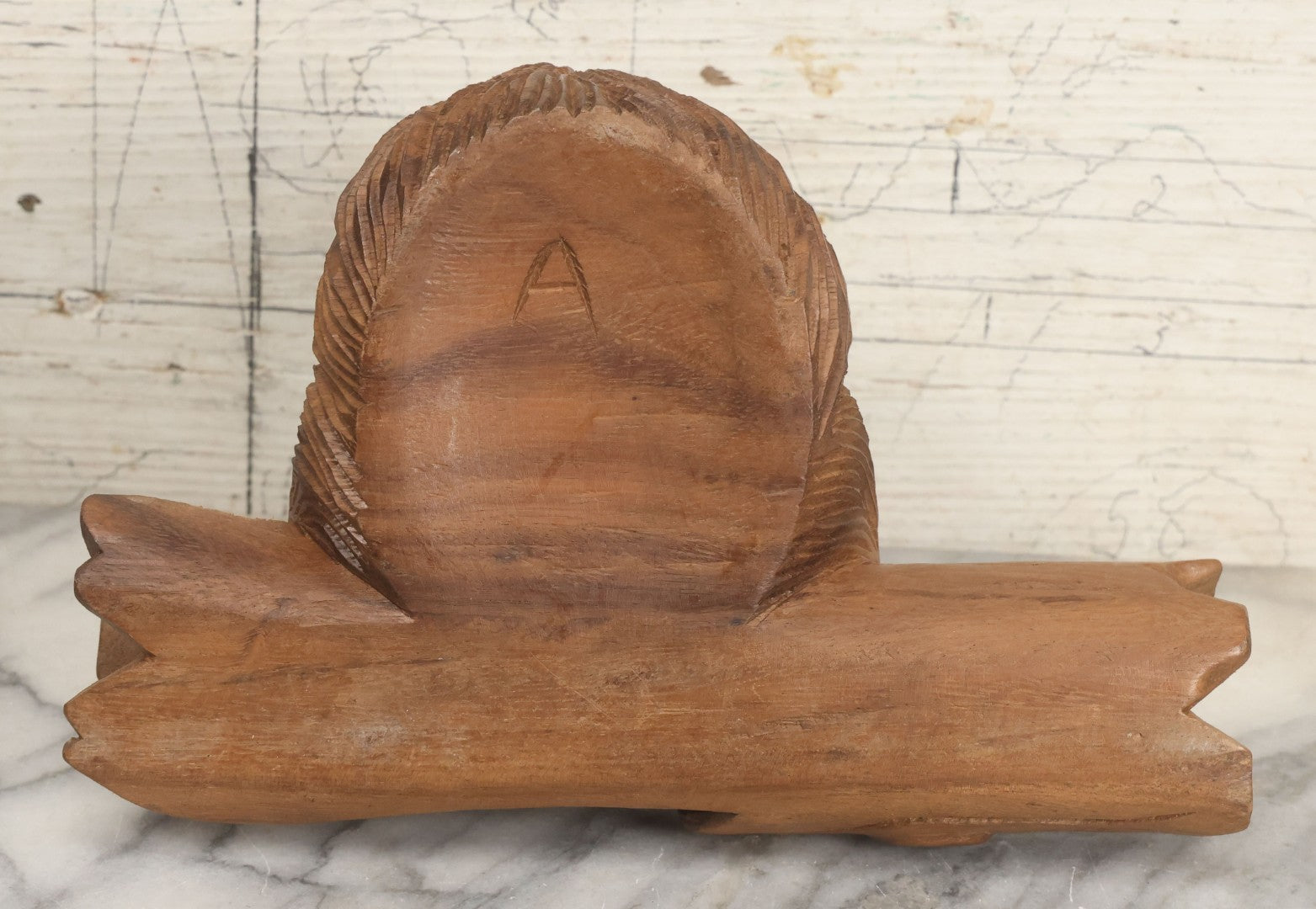 Lot 021 - Vintage Folk Art Wood Carved Shaggy Dog Desk Stand With Lift Top Head Inkwell Enclosure And Log Pen Enclosure, Artist Signed "A," 5-1/4" Height