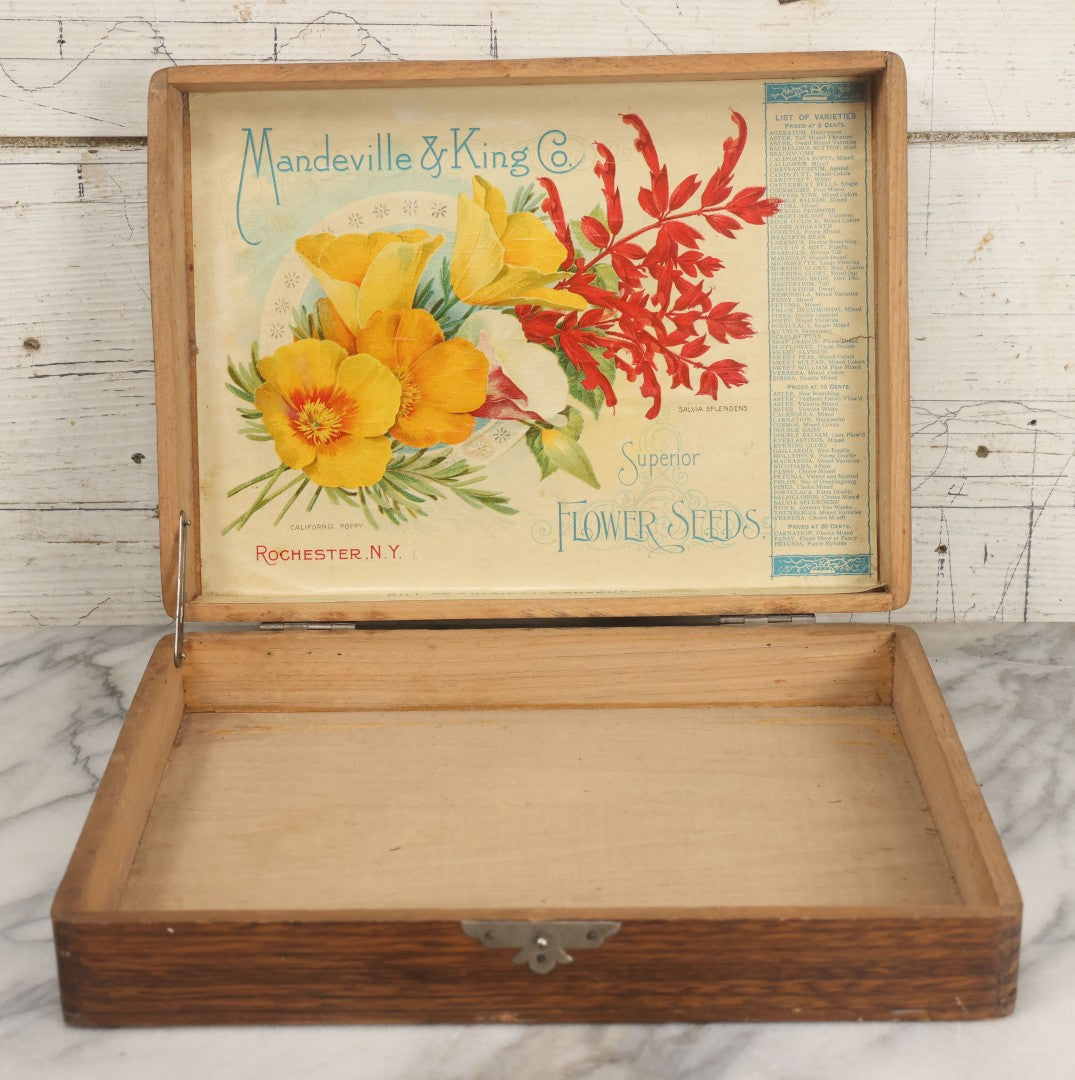 Lot 022 - Antique Flower Seed Store Wooden Display Box With Interior Lithographed Paper Label, Mandeville & King Co., Superior Flower Seeds, Rochester, New York, Copyright 1904, Label By Stecher Lithograph Co.
