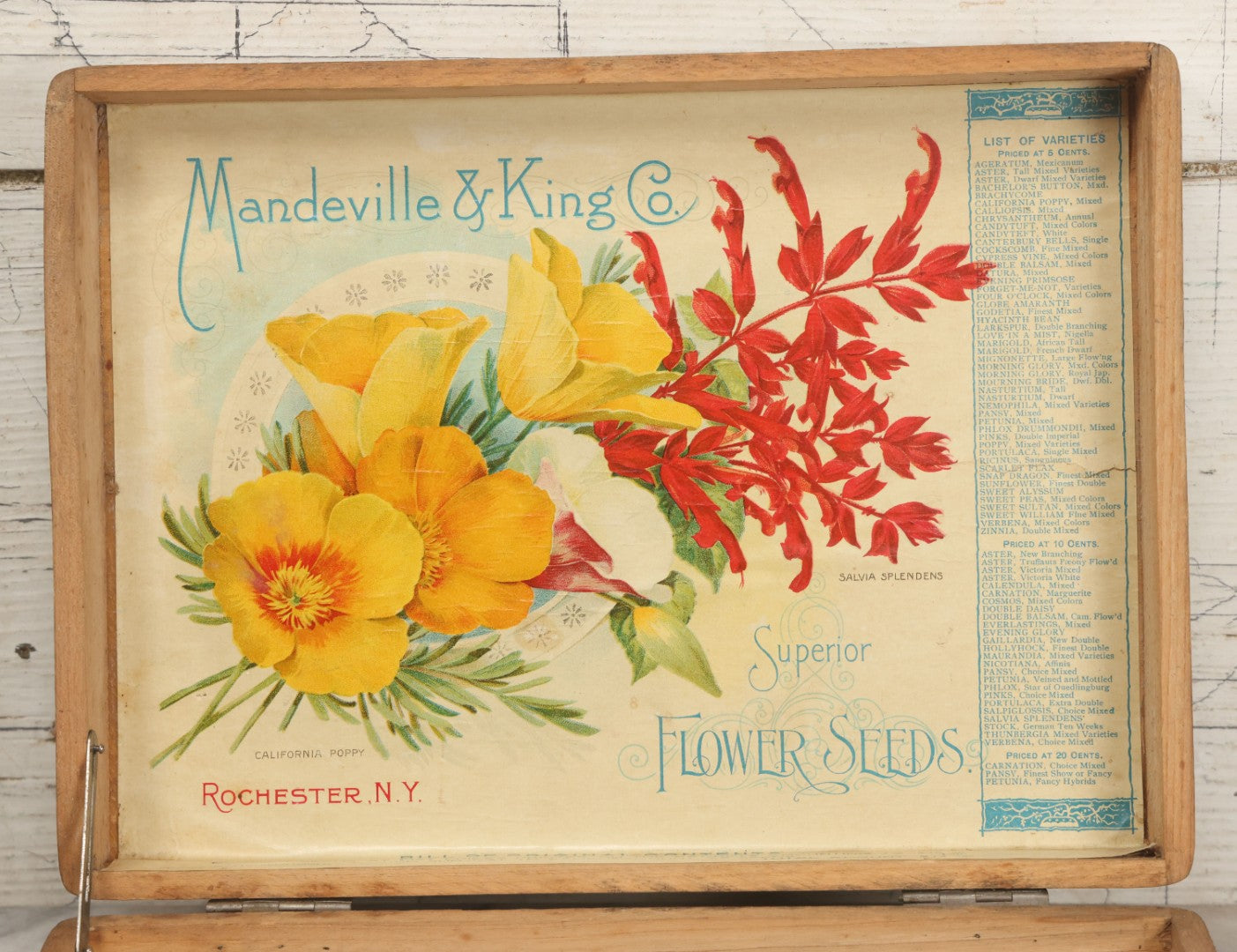 Lot 022 - Antique Flower Seed Store Wooden Display Box With Interior Lithographed Paper Label, Mandeville & King Co., Superior Flower Seeds, Rochester, New York, Copyright 1904, Label By Stecher Lithograph Co.