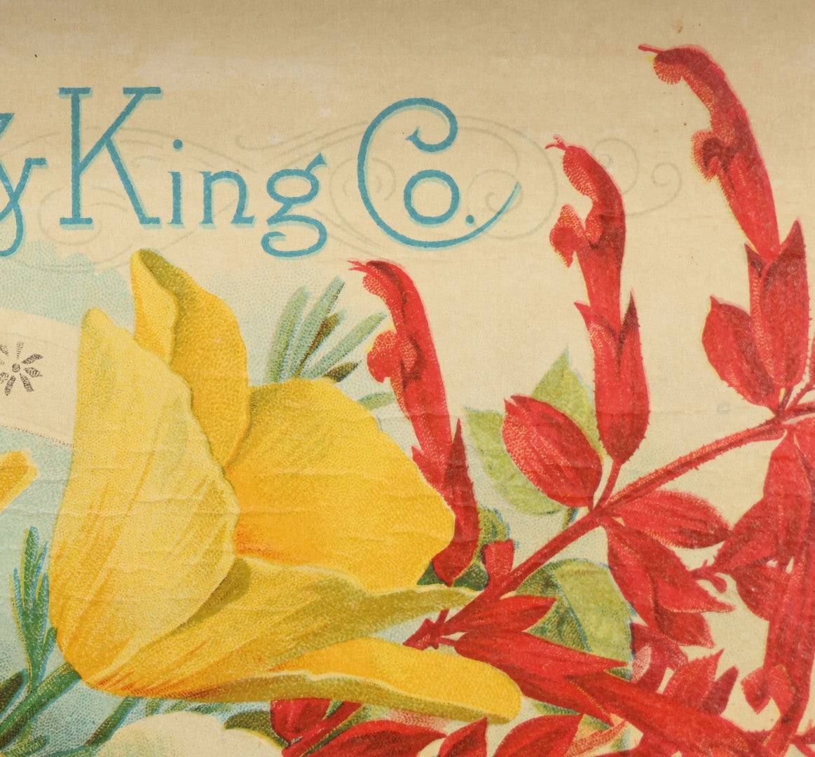 Lot 022 - Antique Flower Seed Store Wooden Display Box With Interior Lithographed Paper Label, Mandeville & King Co., Superior Flower Seeds, Rochester, New York, Copyright 1904, Label By Stecher Lithograph Co.