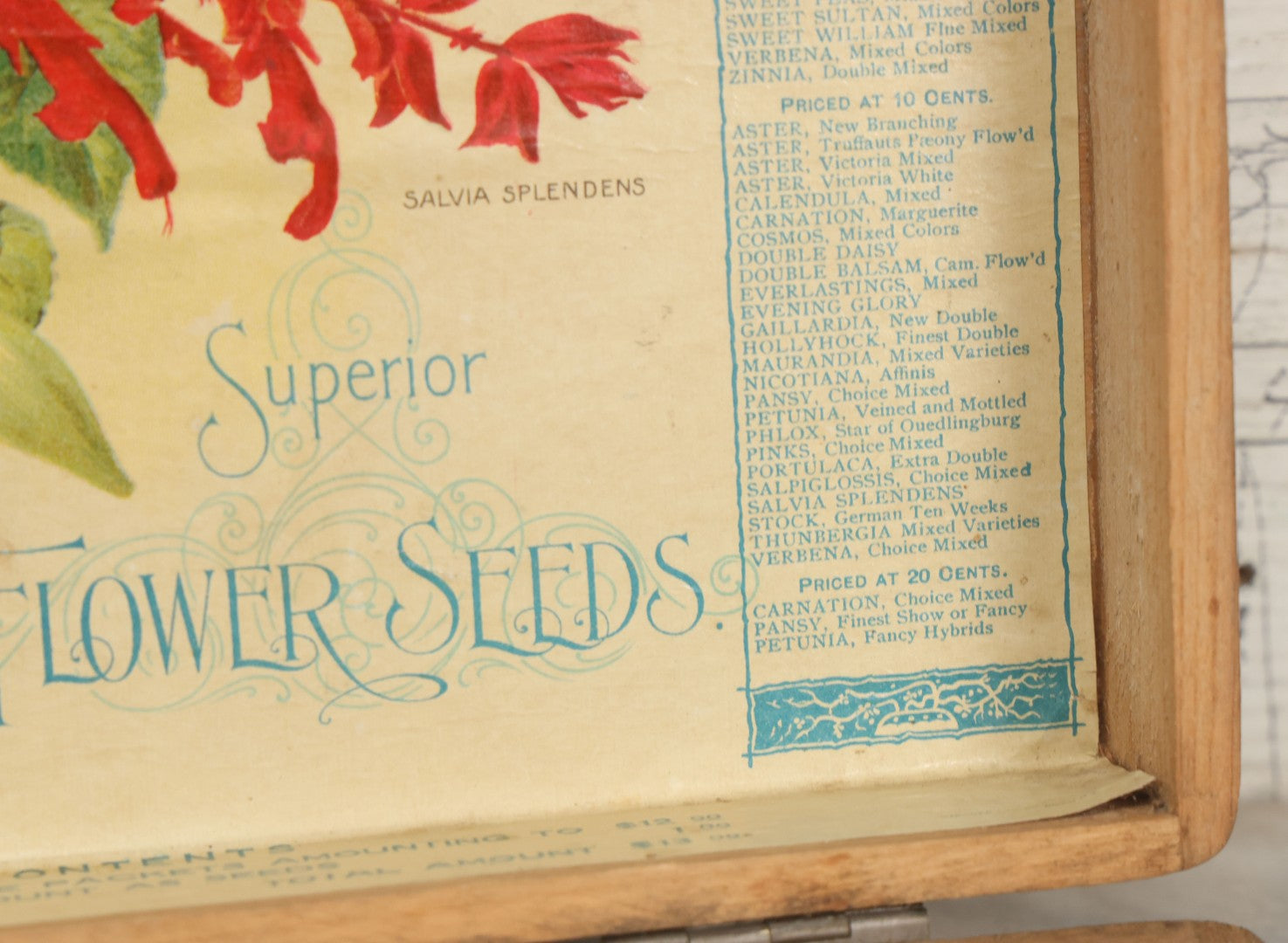 Lot 022 - Antique Flower Seed Store Wooden Display Box With Interior Lithographed Paper Label, Mandeville & King Co., Superior Flower Seeds, Rochester, New York, Copyright 1904, Label By Stecher Lithograph Co.