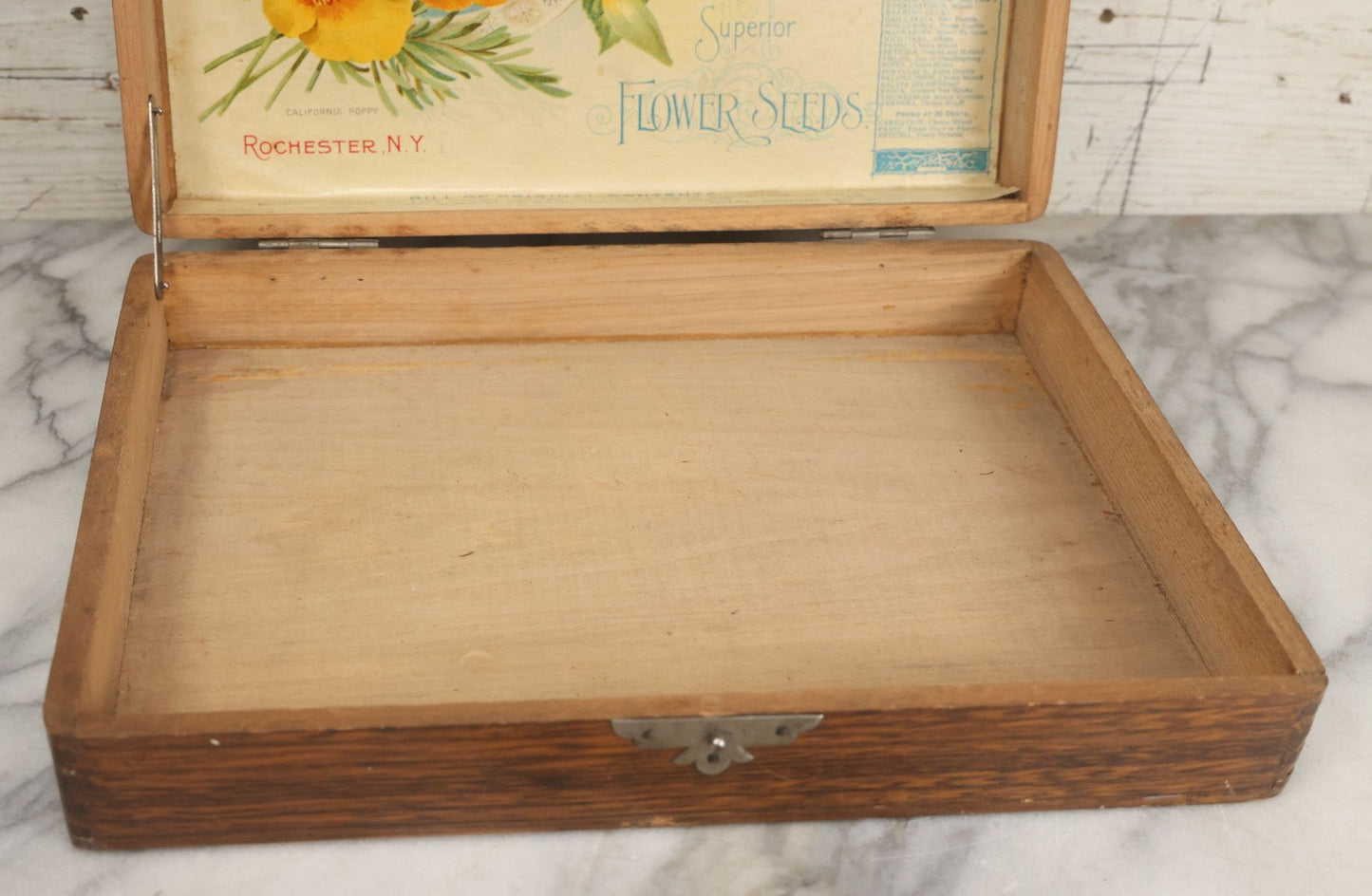 Lot 022 - Antique Flower Seed Store Wooden Display Box With Interior Lithographed Paper Label, Mandeville & King Co., Superior Flower Seeds, Rochester, New York, Copyright 1904, Label By Stecher Lithograph Co.